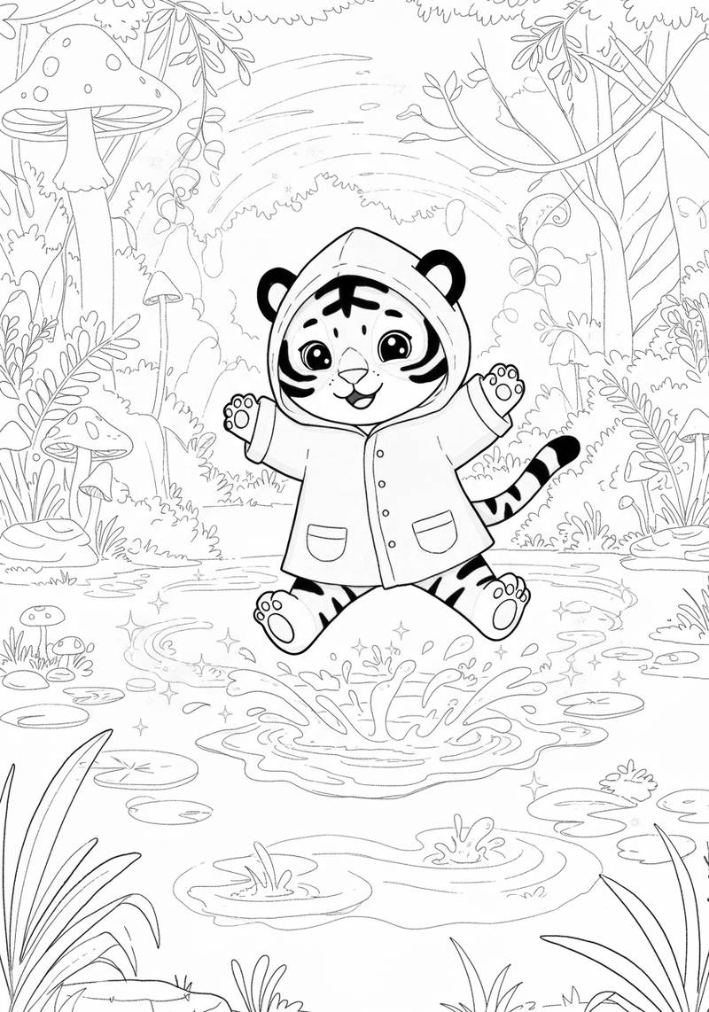 Página para colorear de un tigrito lindo usando un impermeable y chapoteando en un charco.