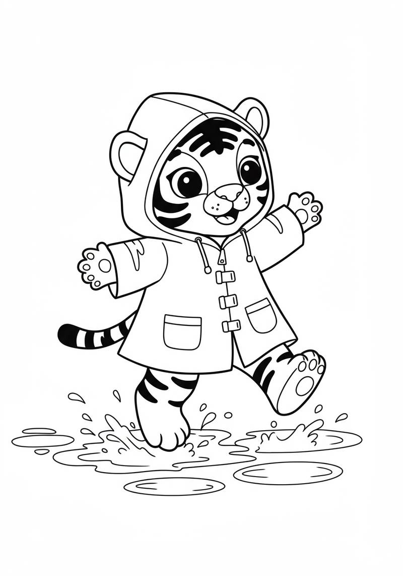 Página para colorear de un adorable tigre con impermeable y salpicando en charcos.