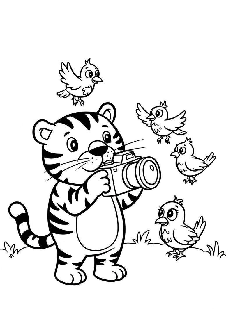 Página para colorear de un tierno tigre sosteniendo una cámara rodeado de aves volando y posadas.