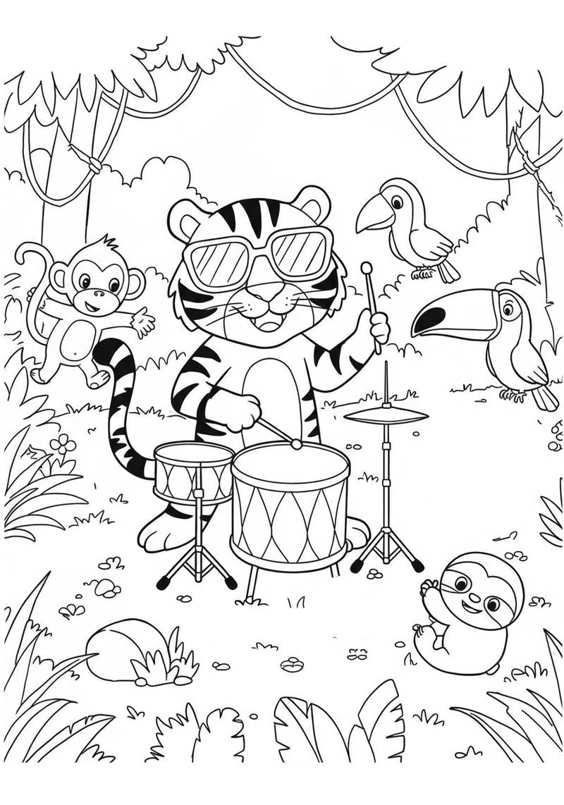 Página para colorear de un tigre tocando la batería con un mono, un tucán y un perezoso en un entorno de selva.