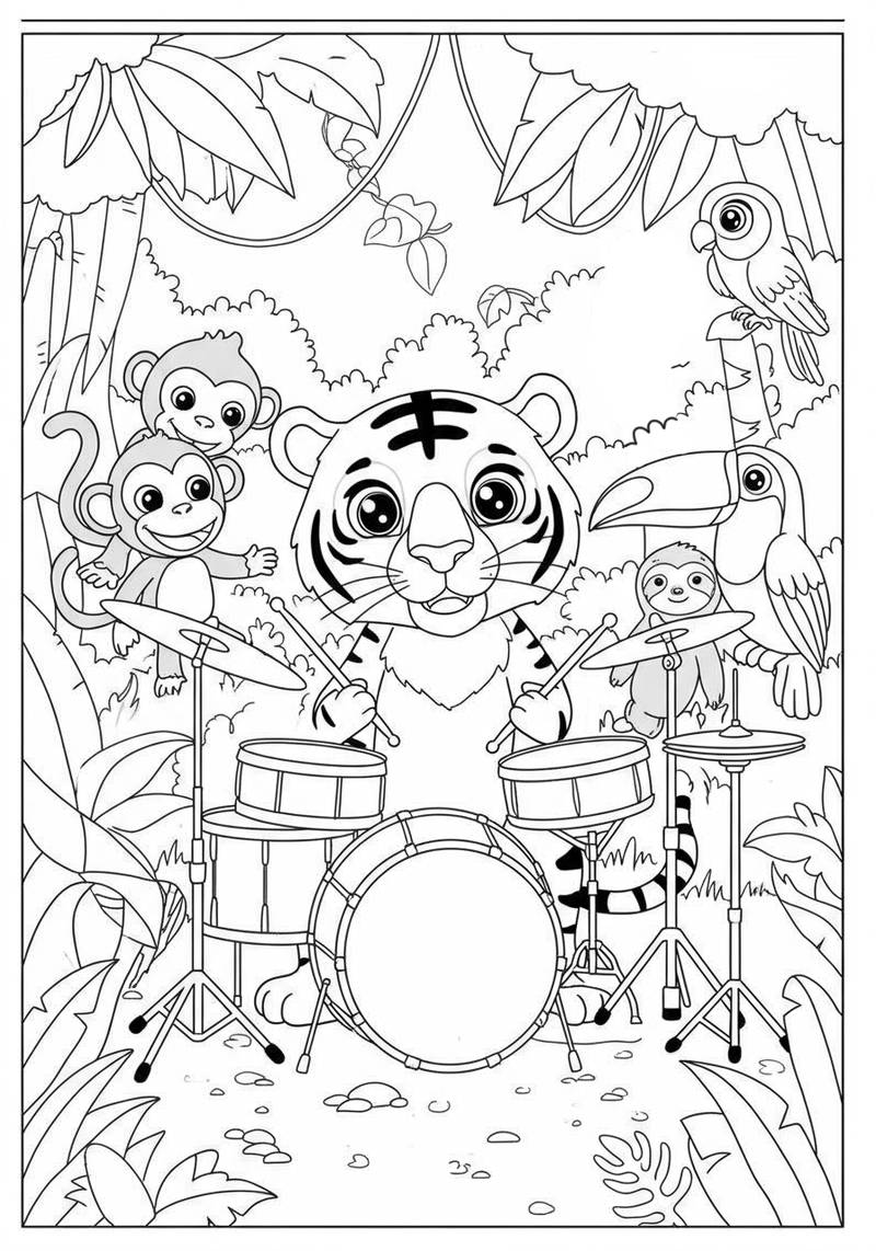 Página para colorear de animales de la selva tocando instrumentos musicales en un bosque.