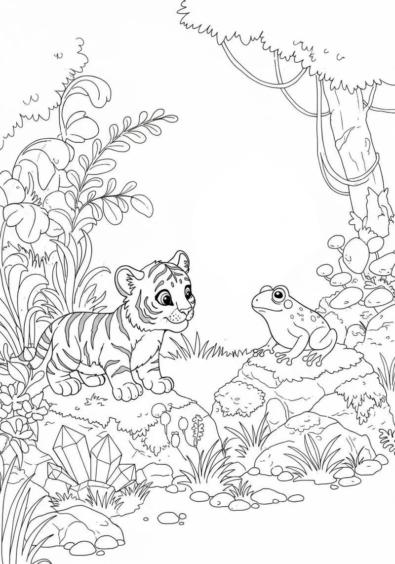Página para colorear de un cachorro de tigre y una rana sentados sobre rocas en un entorno de selva.