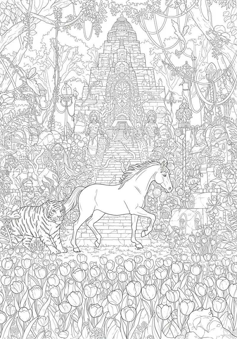 Página para colorear de una escena de jungla con un tigre, un caballo y un jaguar durmiendo frente a un templo antiguo.