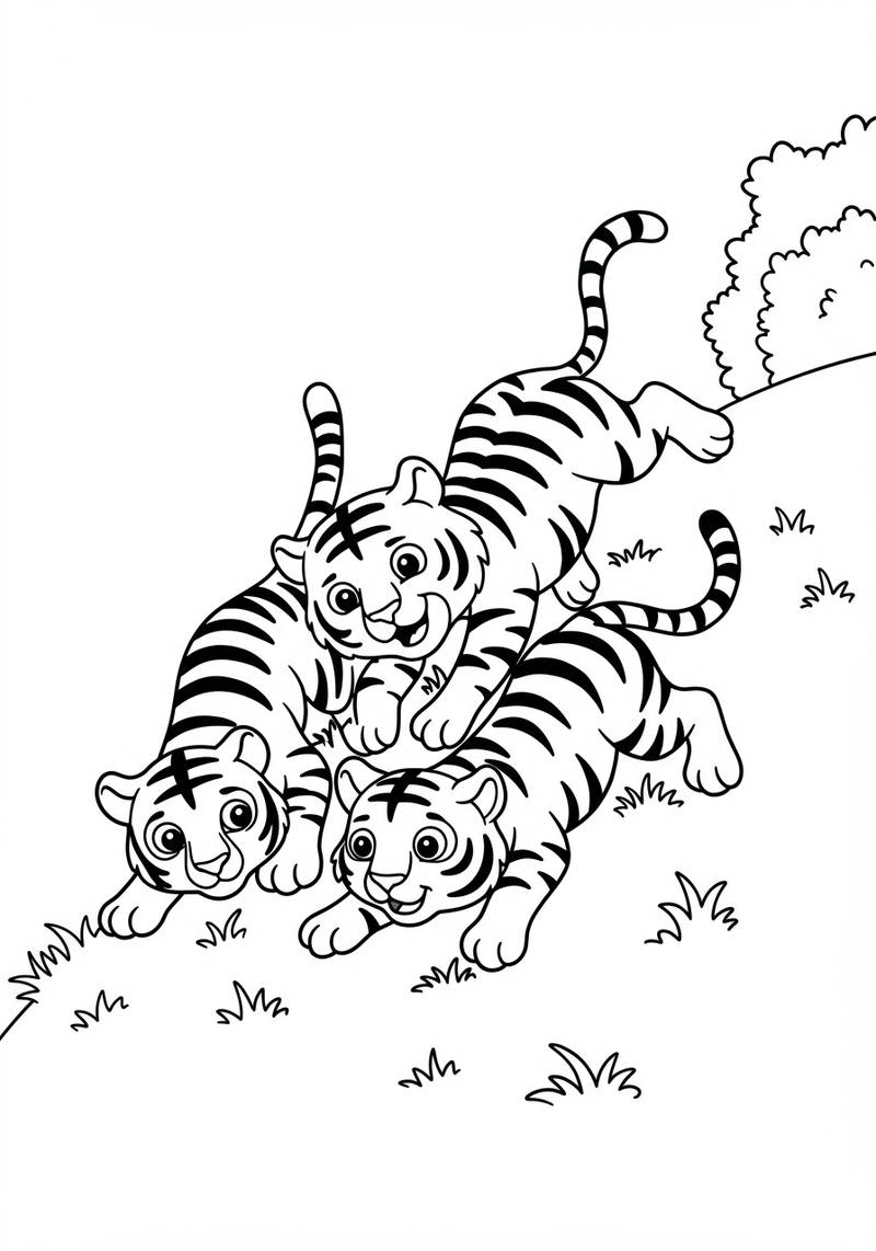 Página para colorir de três filhotes de tigre adoráveis brincando juntos em uma colina de grama.