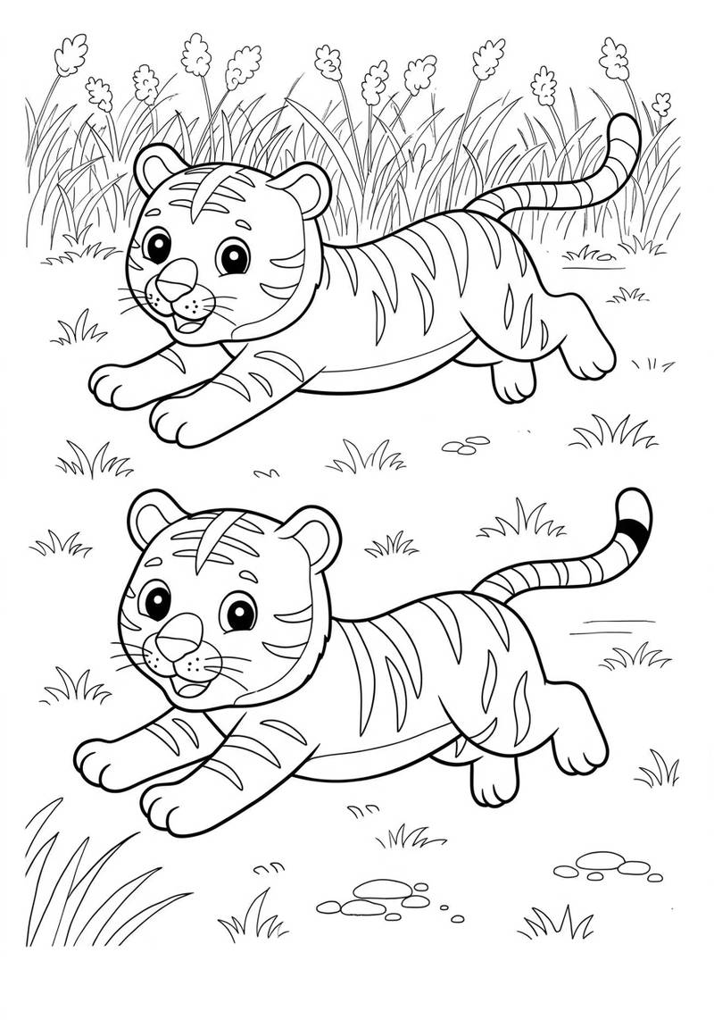 Página para colorear de una adorable cría de tigre jugando y corriendo en un prado de hierba.