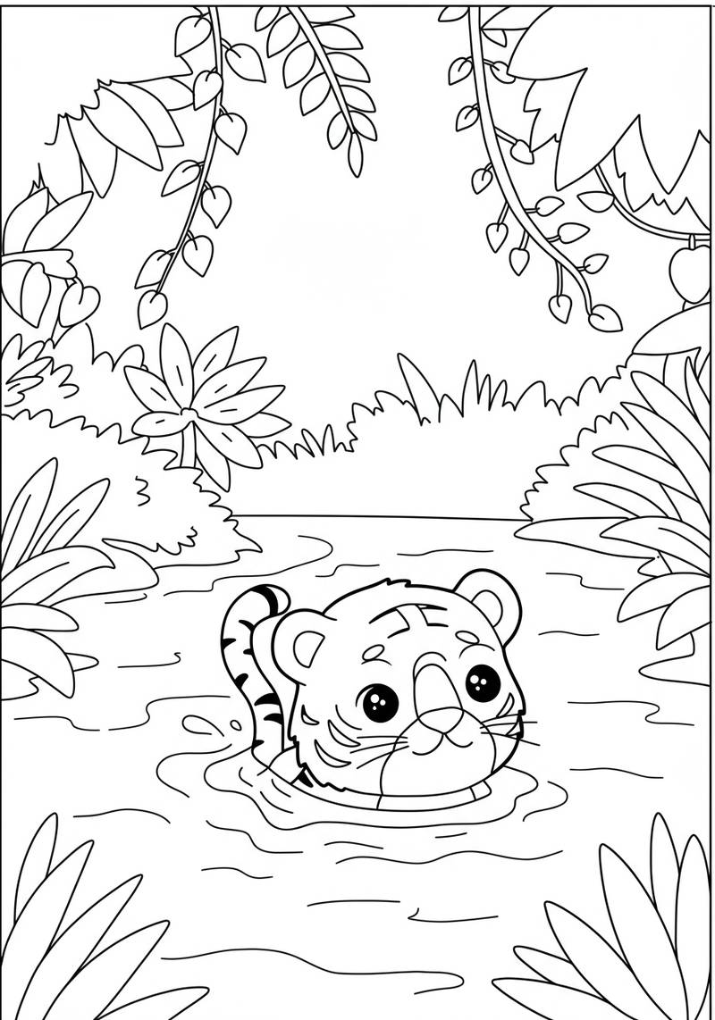 Página para colorear de un adorable tigre nadando y descansando en un río rodeado de exuberantes plantas y árboles.