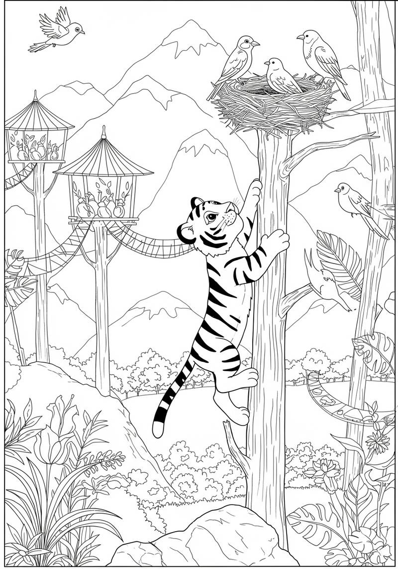 Página para colorear de un tigre trepando un árbol cerca de un nido de pájaros con aves.