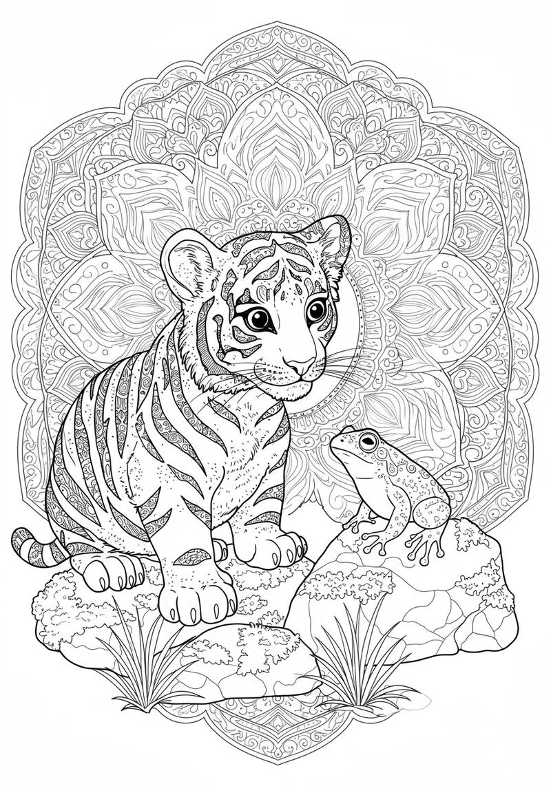 Página para colorear de un tigre y una rana sentados sobre rocas con un diseño de mandala detallado detrás de ellos.
