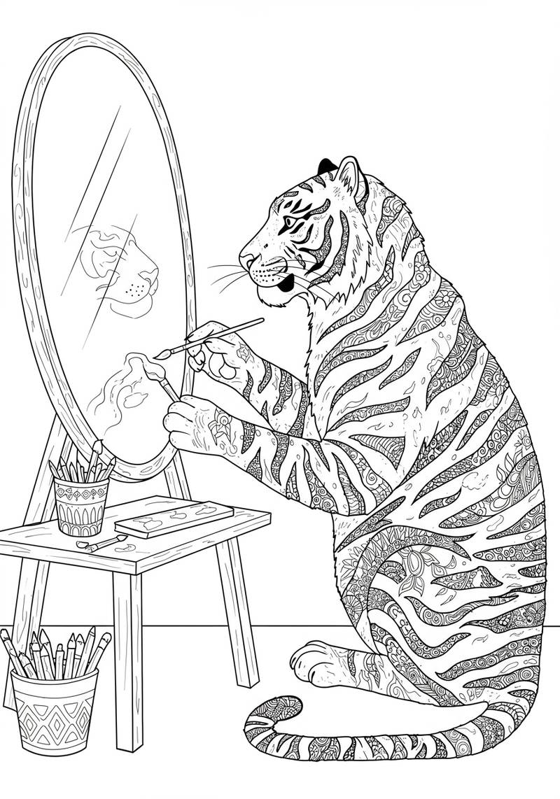 Página para colorear de un tigre con patrones detallados en su pelaje, pintando su reflejo en un espejo.