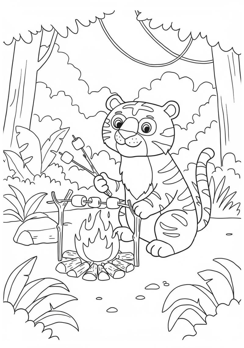 Página para colorear de un tigre amistoso sentado junto a una fogata en un bosque.