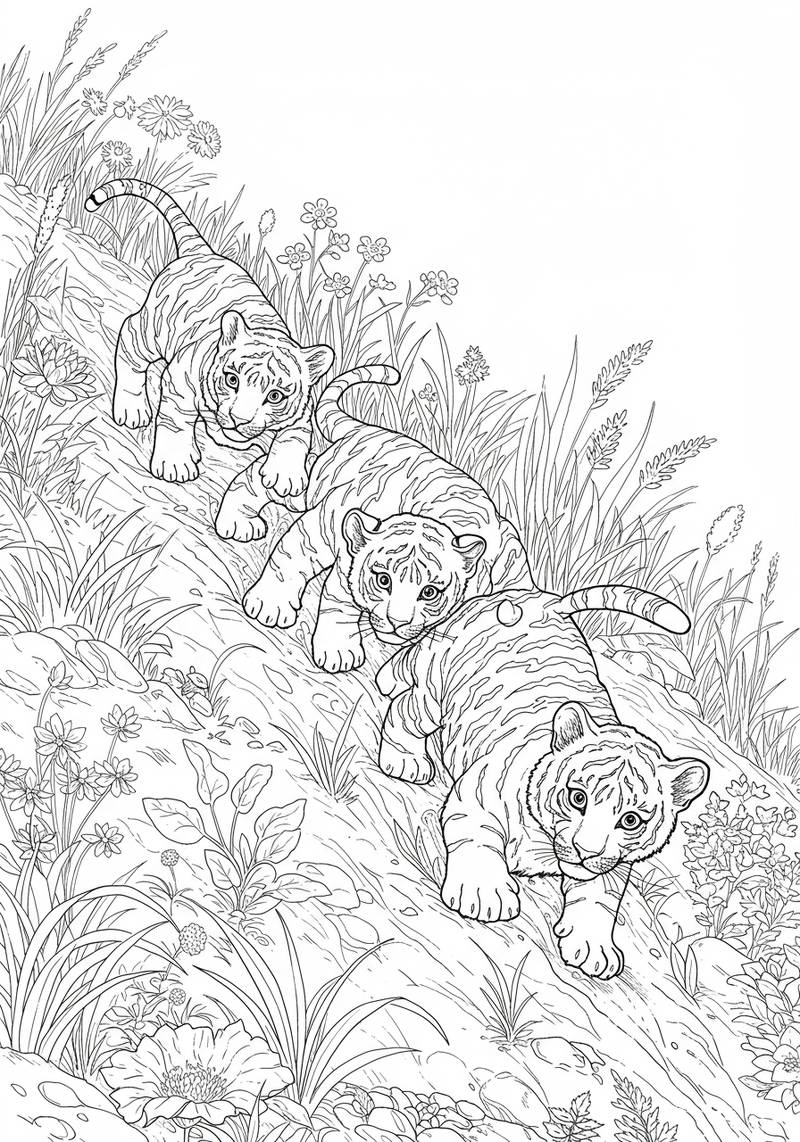 Página para colorear de cuatro cachorros de tigre caminando por un sendero rocoso a través de un paisaje con hierba y flores.