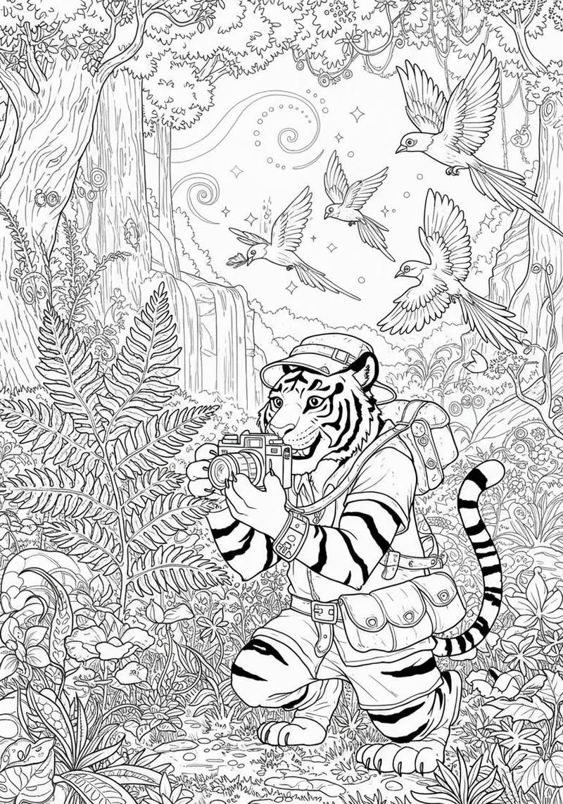 Página para colorear de un tigre vestido de explorador tomando fotografías en un entorno de selva.