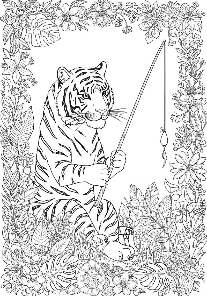 Página para colorear de un tigre sentado entre plantas de la jungla y sosteniendo una caña de pescar.