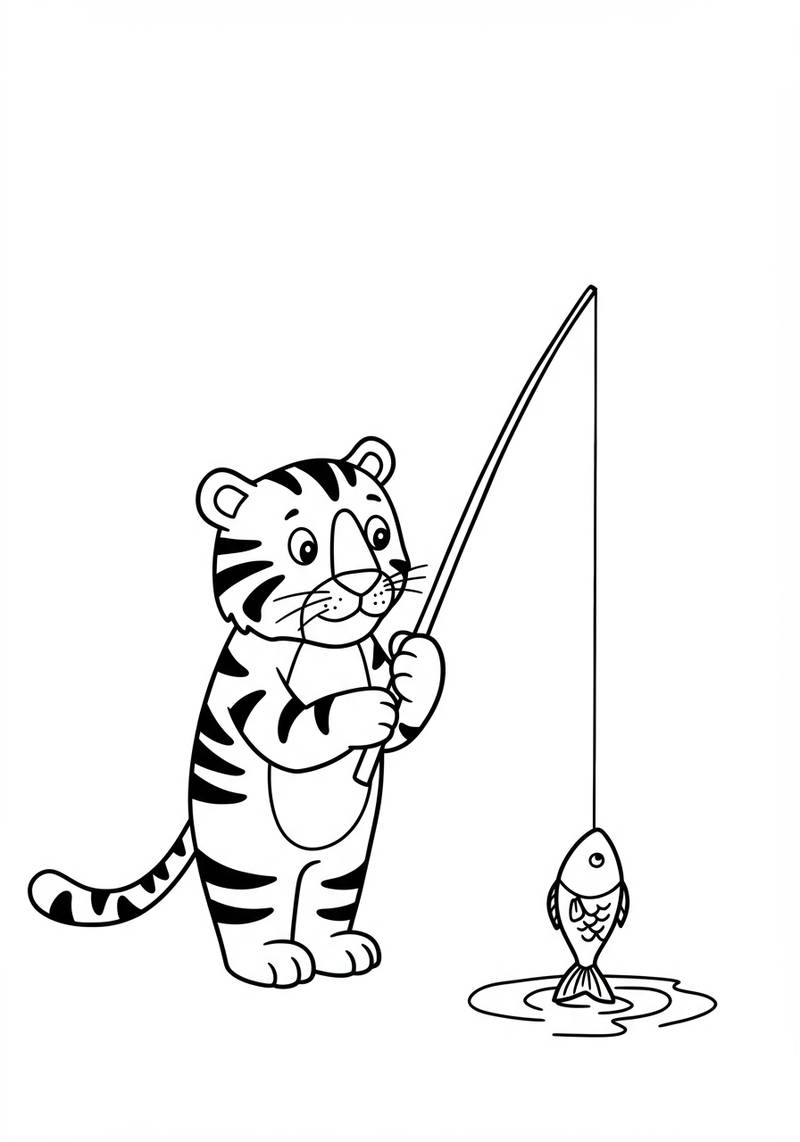 Página para colorear de un tierno tigre sosteniendo una caña de pescar con un pez al final