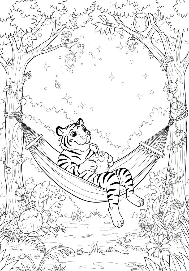 Página para colorear de un tierno tigre descansando en una hamaca colgada entre dos árboles, bebiendo una bebida de coco.