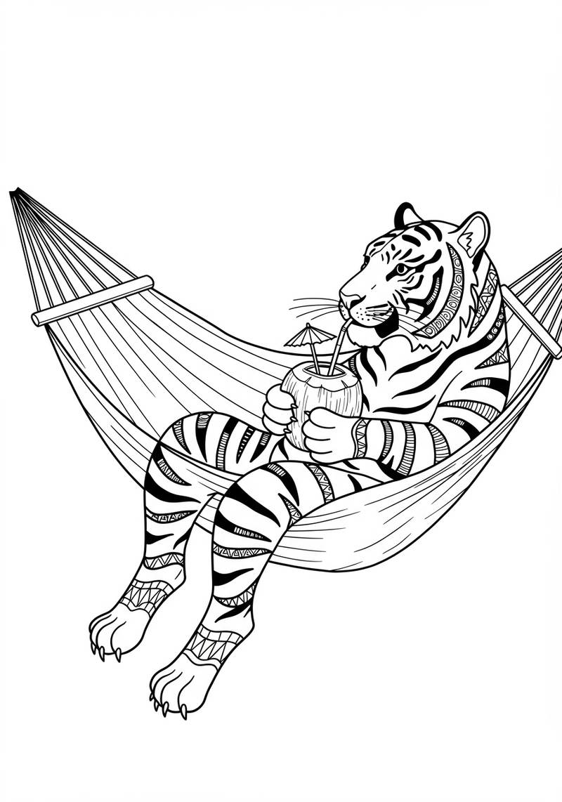 Página para colorear de un tigre acostado en una hamaca mientras sostiene una bebida de coco con una pequeña sombrilla.