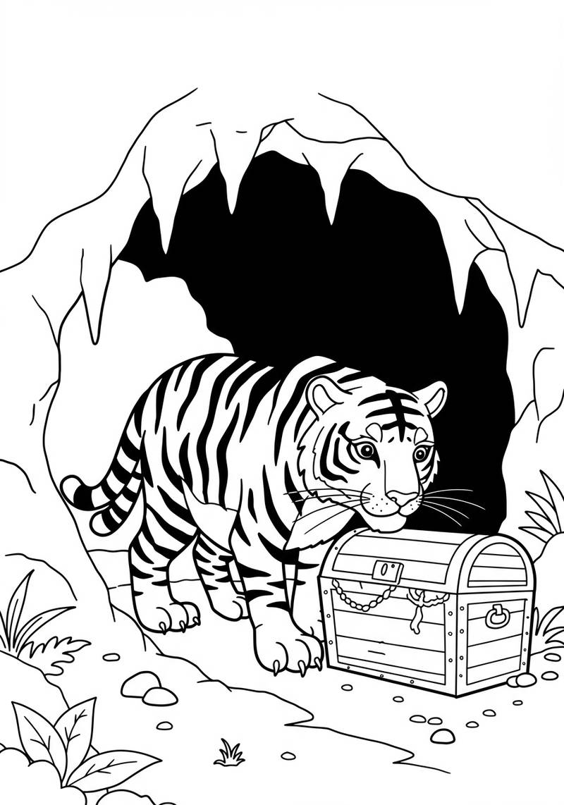 Página para colorear de un tigre emergiendo de una cueva con un cofre del tesoro frente a él.