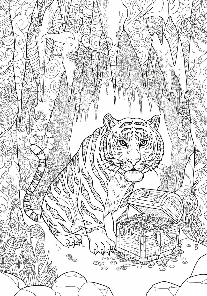 Página para colorear de un tigre sentado dentro de una cueva llena de cristales y follaje.