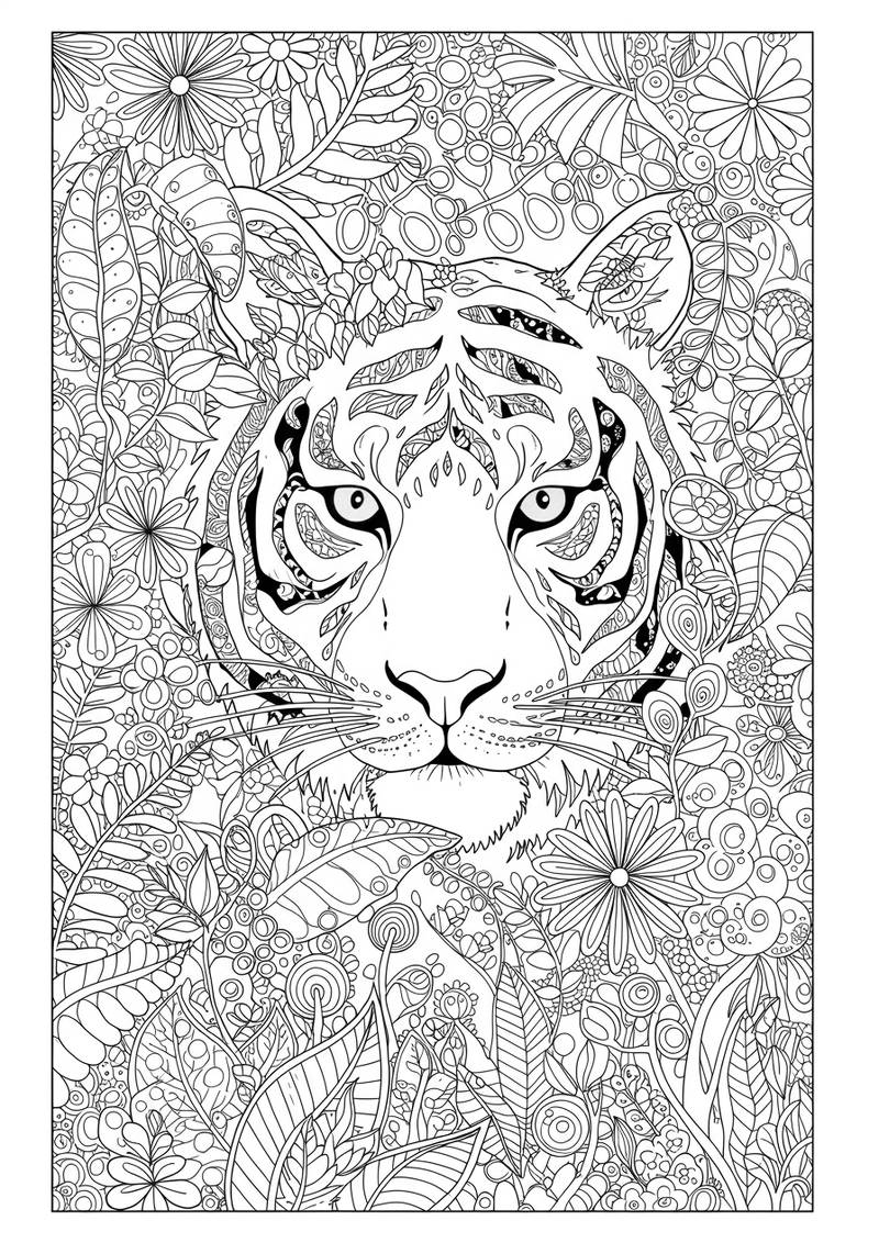 Página para colorear de un tigre con patrones florales y de hojas intrincados que lo rodean.