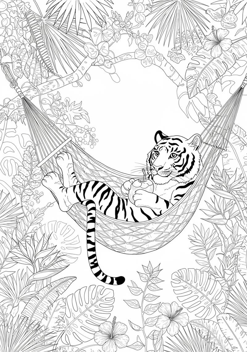 Página para colorear de un tigre acostado en una hamaca en un entorno de selva.