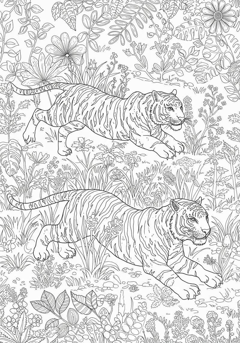 Página para colorear de un tigre caminando por una jungla con vegetación densa y flores.