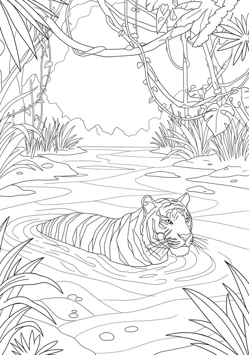 Página para colorear de un tigre nadando en un arroyo de la selva rodeado de densos follajes de la jungla