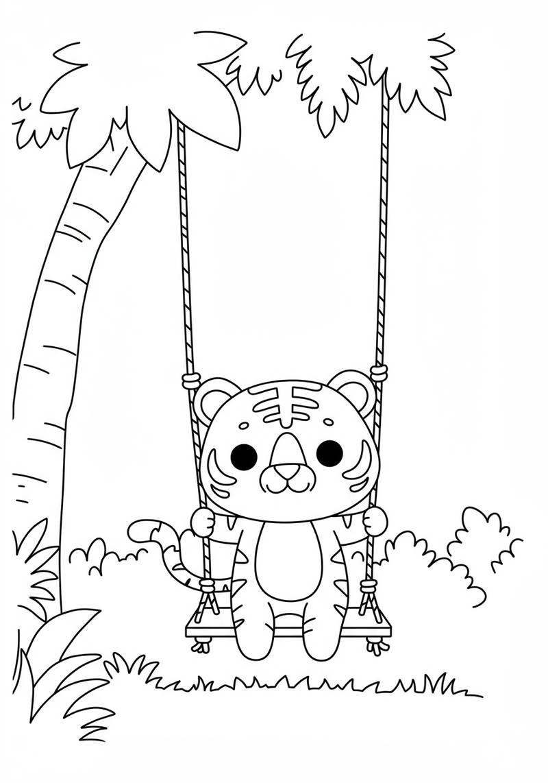 Página para colorear con un tierno tigre sentado en un columpio entre dos palmeras.