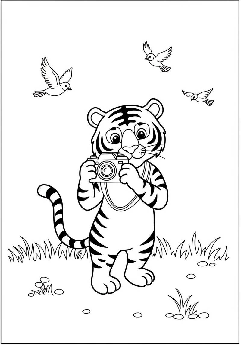 Página para colorear de un tierno tigre sosteniendo una cámara y tomando una foto.