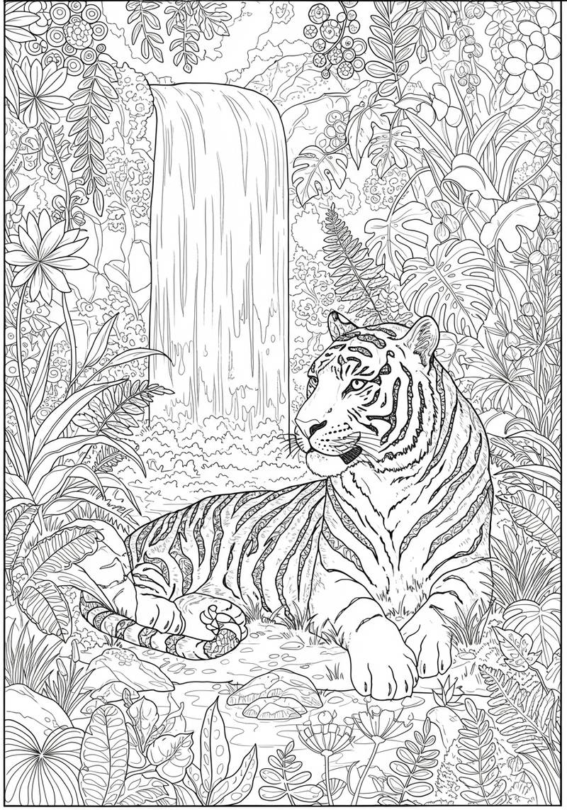 Página para colorear de un tigre acostado en el suelo, rodeado de vegetación densa de la jungla y una cascada en el fondo.