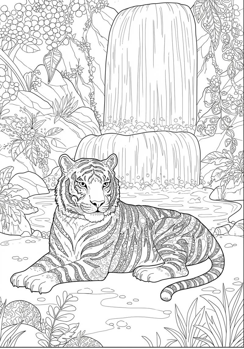 Página para colorear de un tigre acostado cerca de una cascada rodeado de exuberantes plantas de la selva.