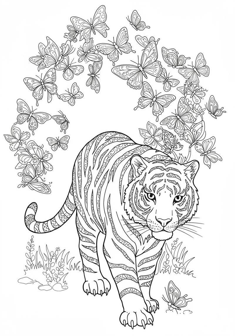 Página para colorear de un tigre caminando entre muchas mariposas volando alrededor.