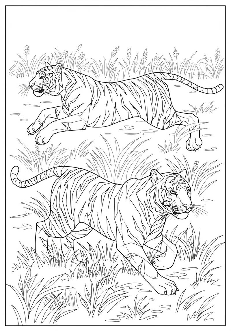 Page de coloriage de deux tigres marchant dans un champ d'herbe.