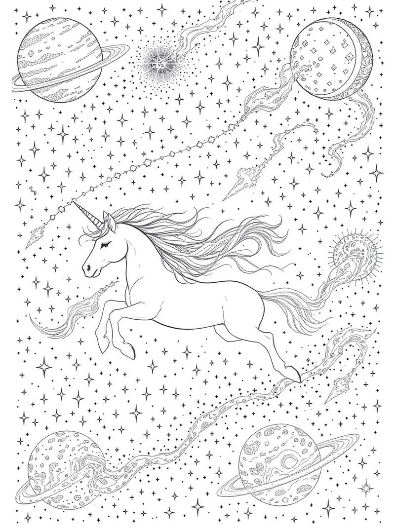 Unicornio majestuoso volando por espacio cósmico con planetas detallados, estrellas y remolinos de galaxia