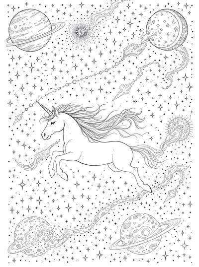 Unicornio majestuoso volando por espacio cósmico con planetas detallados, estrellas y remolinos de galaxia