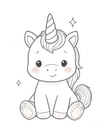 Simple adorable bebé unicornio sentado con mejillas rosadas y brillos en estilo kawaii