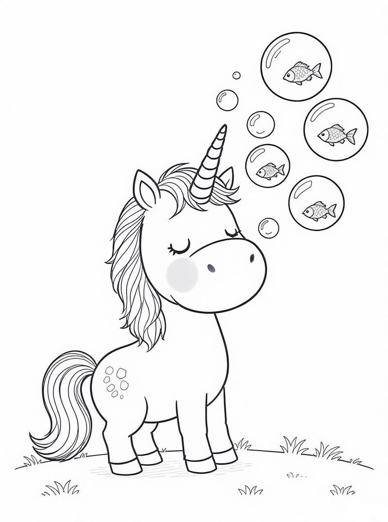 Unicornio juguetón soplando burbujas mágicas con peces nadando dentro de ellas en escena caprichosa