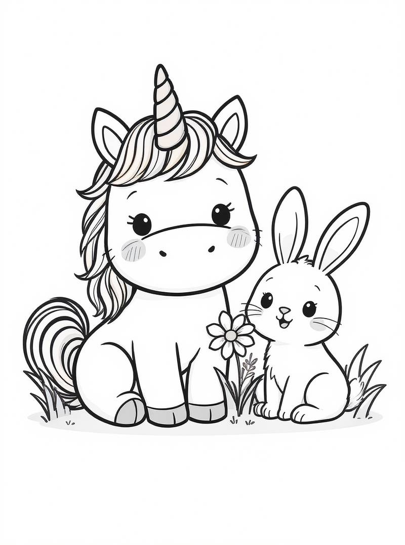 Adorable bebé unicornio sentado junto a lindo conejito con flor en estilo kawaii simple