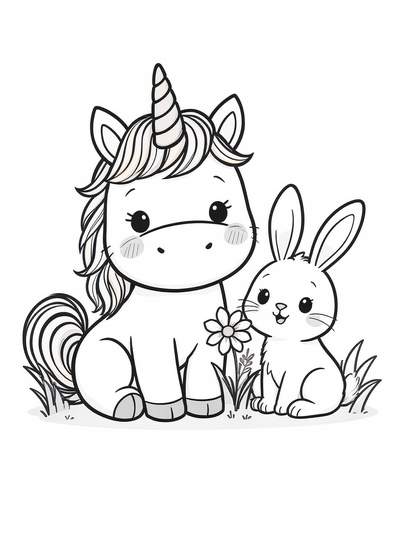Adorable bebé unicornio sentado junto a lindo conejito con flor en estilo kawaii simple