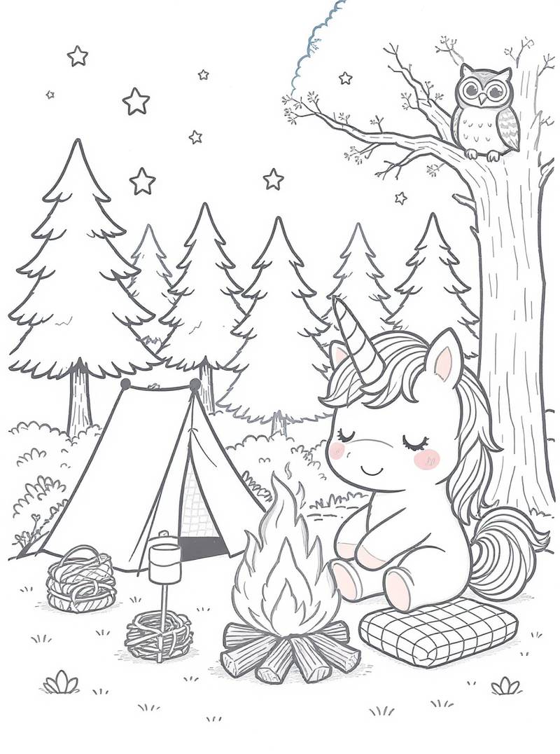 Unicornio pacífico disfrutando acampar en bosque con tienda, fogata, búho y cielo estrellado