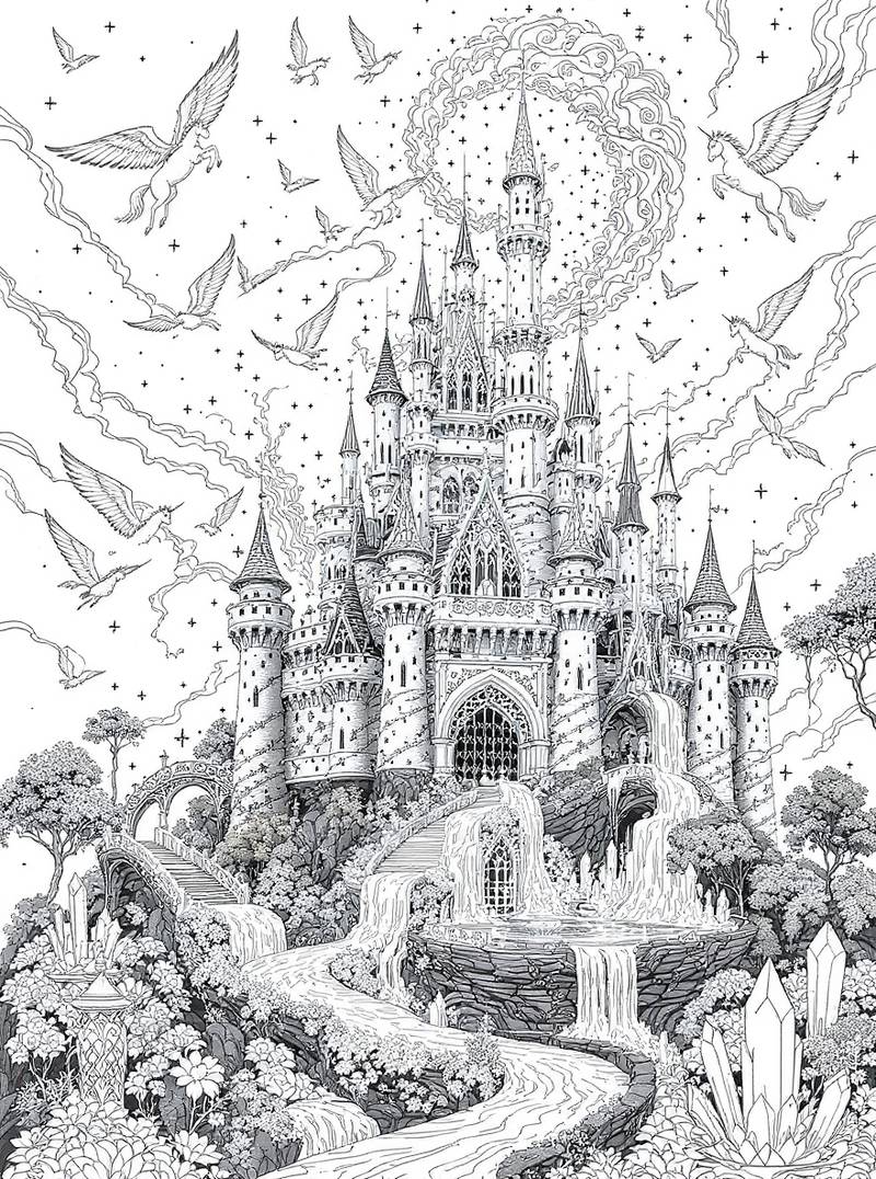 Castillo fantástico majestuoso con unicornios voladores, cascadas, torres y detalles arquitectónicos elaborados