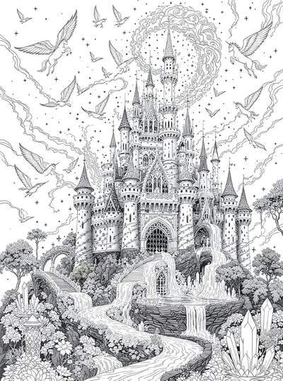 Castillo fantástico majestuoso con unicornios voladores, cascadas, torres y detalles arquitectónicos elaborados