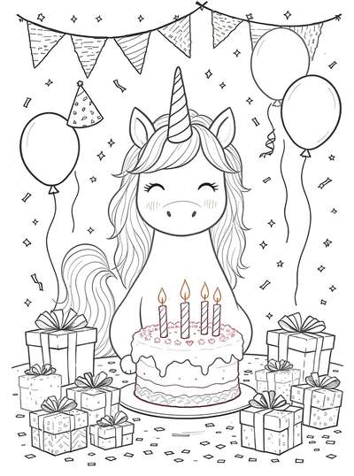 Unicornio feliz celebrando cumpleaños con pastel, velas, regalos, globos y decoraciones de fiesta