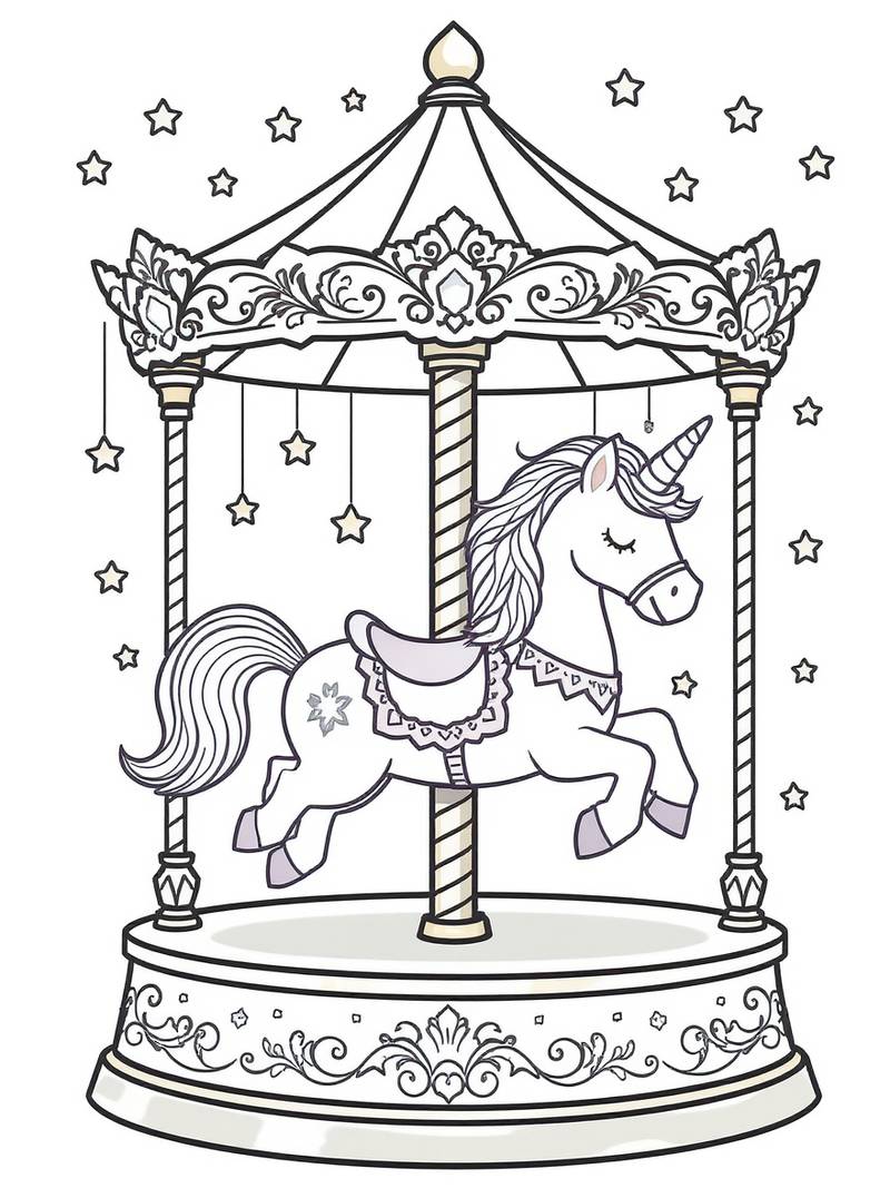 Carrusel ornamentado con caballo unicornio decorado bajo noche estrellada con detalles intrincados y patrones