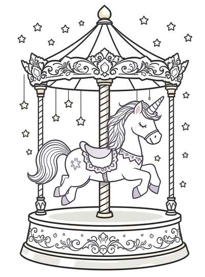 Carrusel ornamentado con caballo unicornio decorado bajo noche estrellada con detalles intrincados y patrones