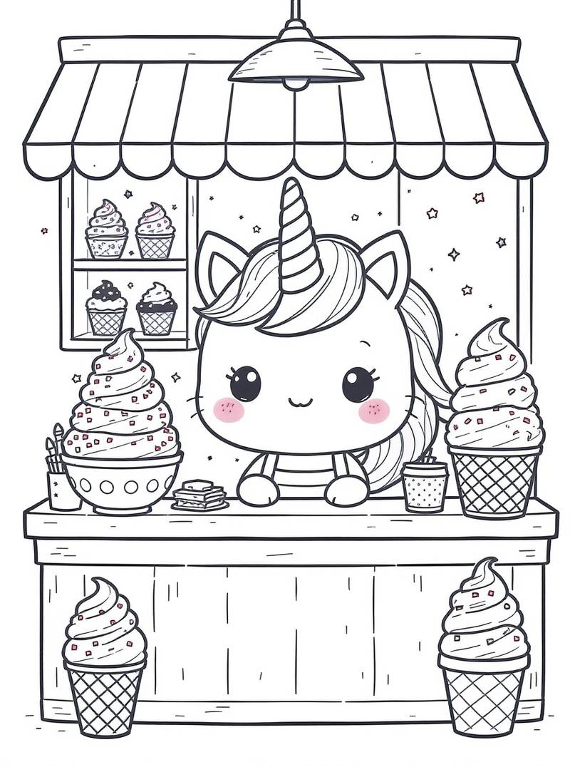 Adorable bebé unicornio dirigiendo un lindo puesto de helados con varios helados y conos