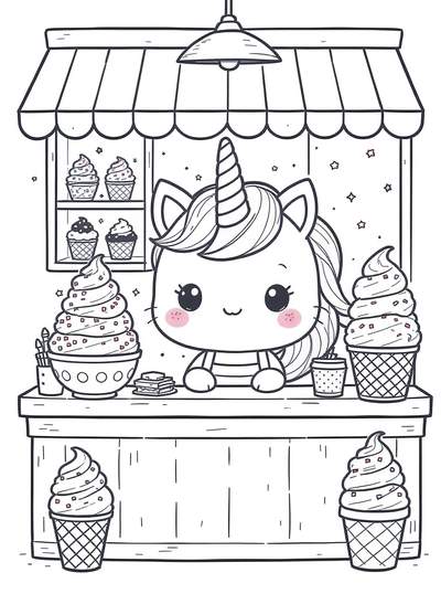 Adorable bebé unicornio dirigiendo un lindo puesto de helados con varios helados y conos