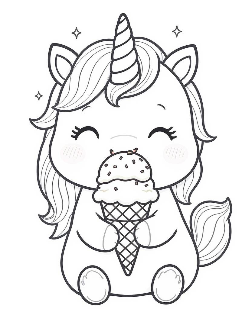 Adorable bebé unicornio sosteniendo cono de helado con brillos en lindo estilo kawaii