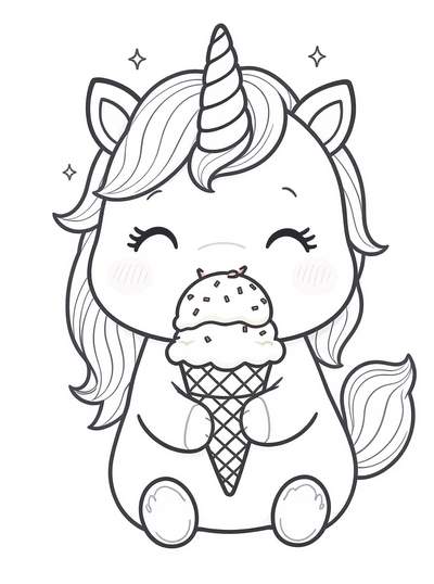 Adorable bebé unicornio sosteniendo cono de helado con brillos en lindo estilo kawaii