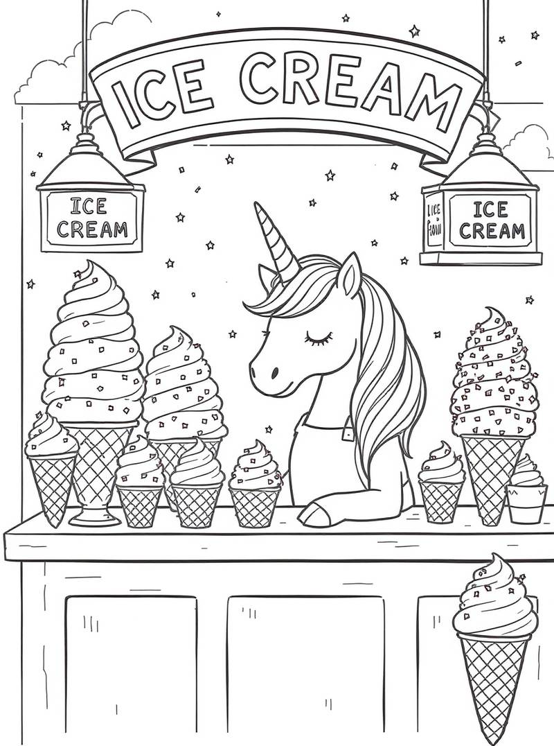 Unicornio alegre dirigiendo una heladería con varios conos de helado y dulces