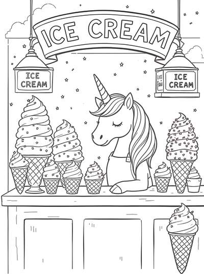 Unicornio alegre dirigiendo una heladería con varios conos de helado y dulces